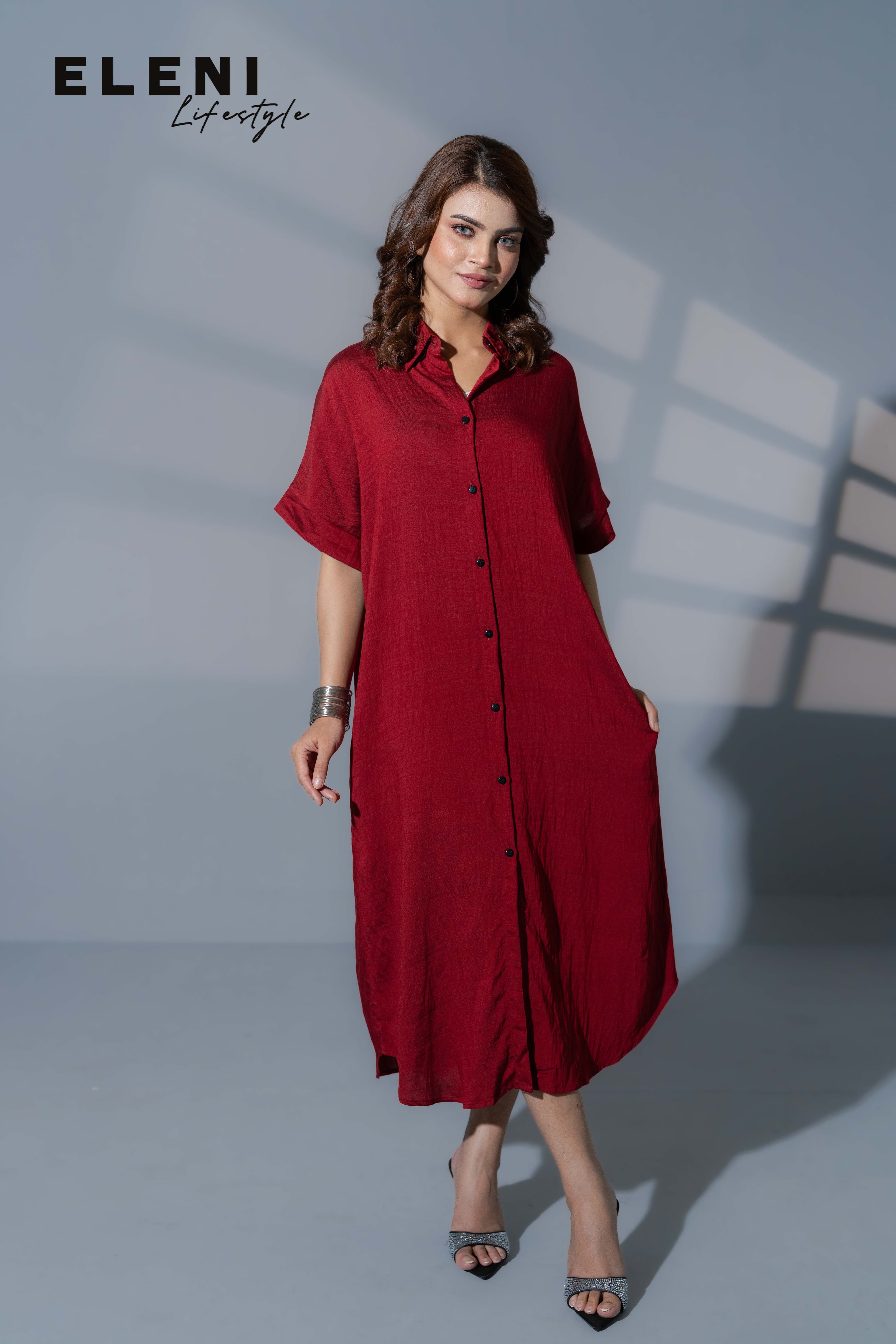 Crimson Burgundy Midi Shirt Dress