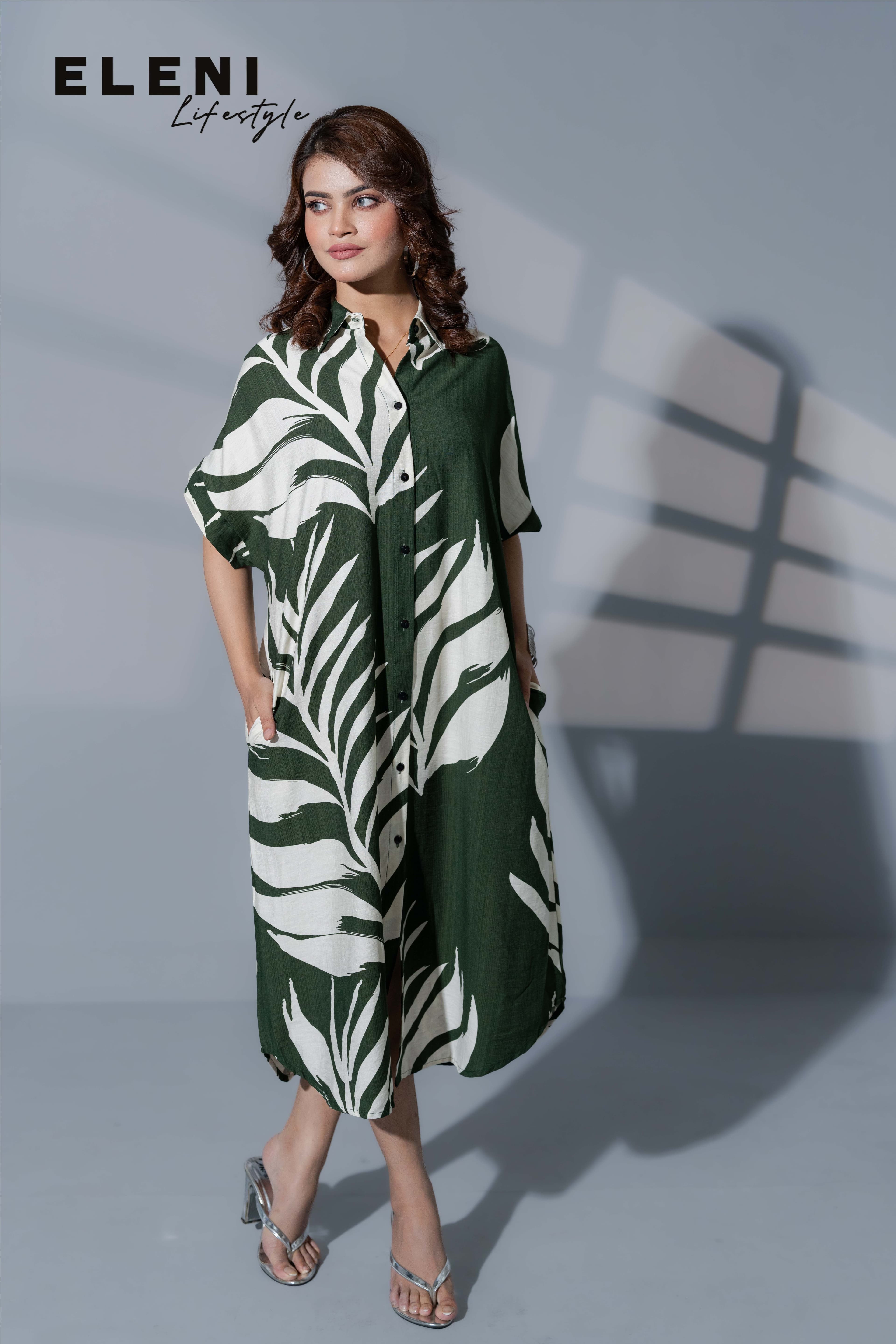 Palm Printed Midi Shirt Dress