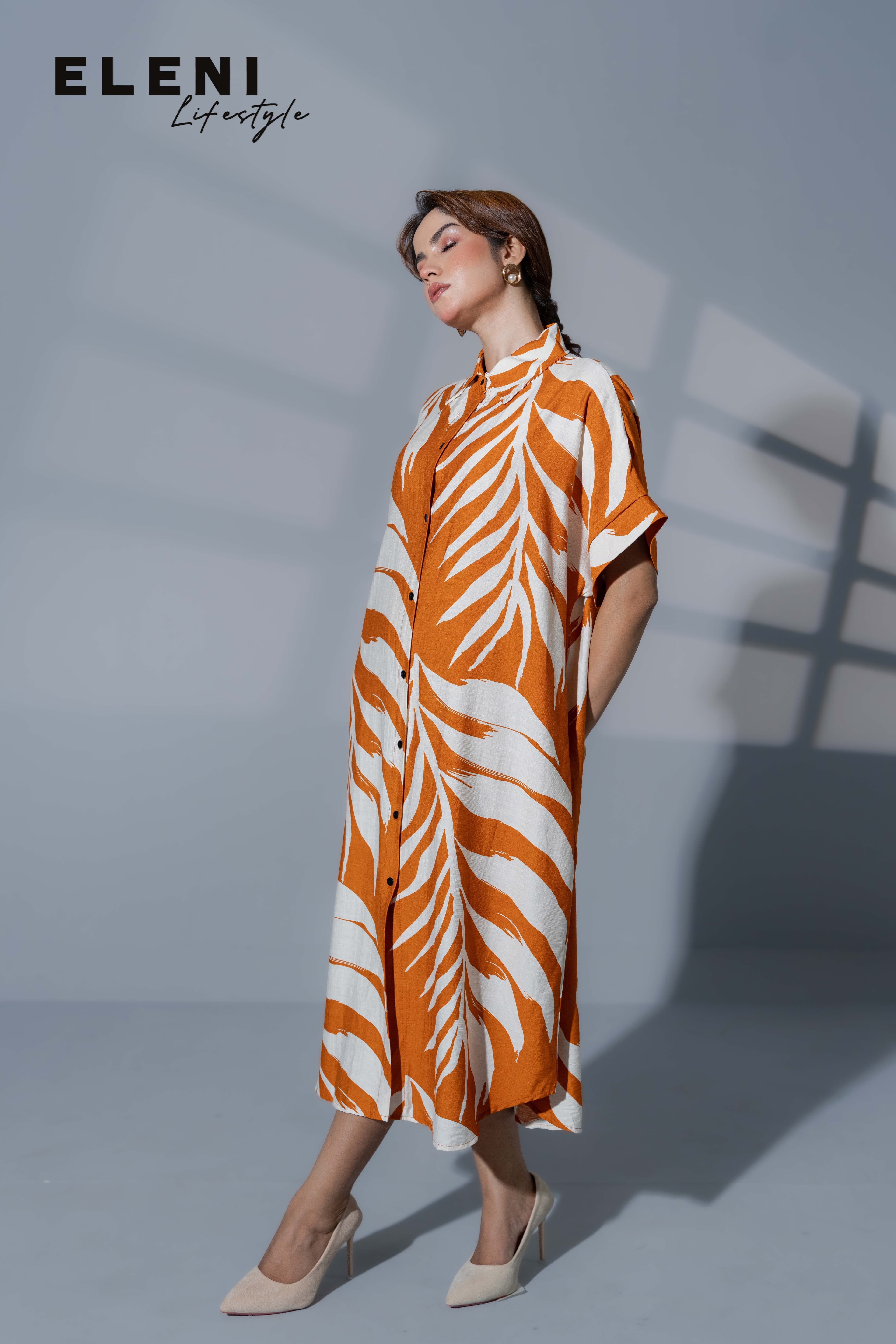 Palm Printed Midi Shirt Dress
