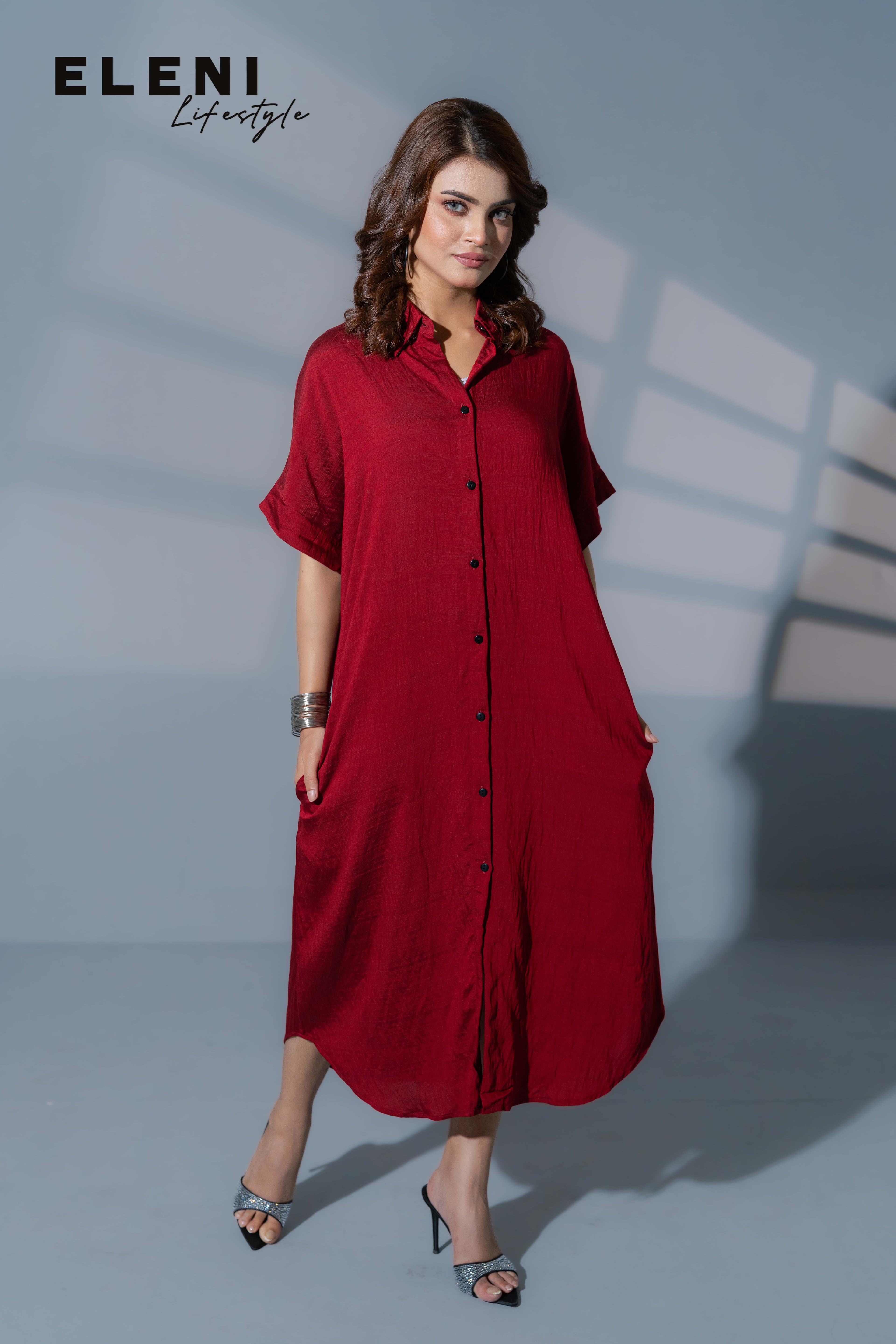 Crimson Burgundy Midi Shirt Dress