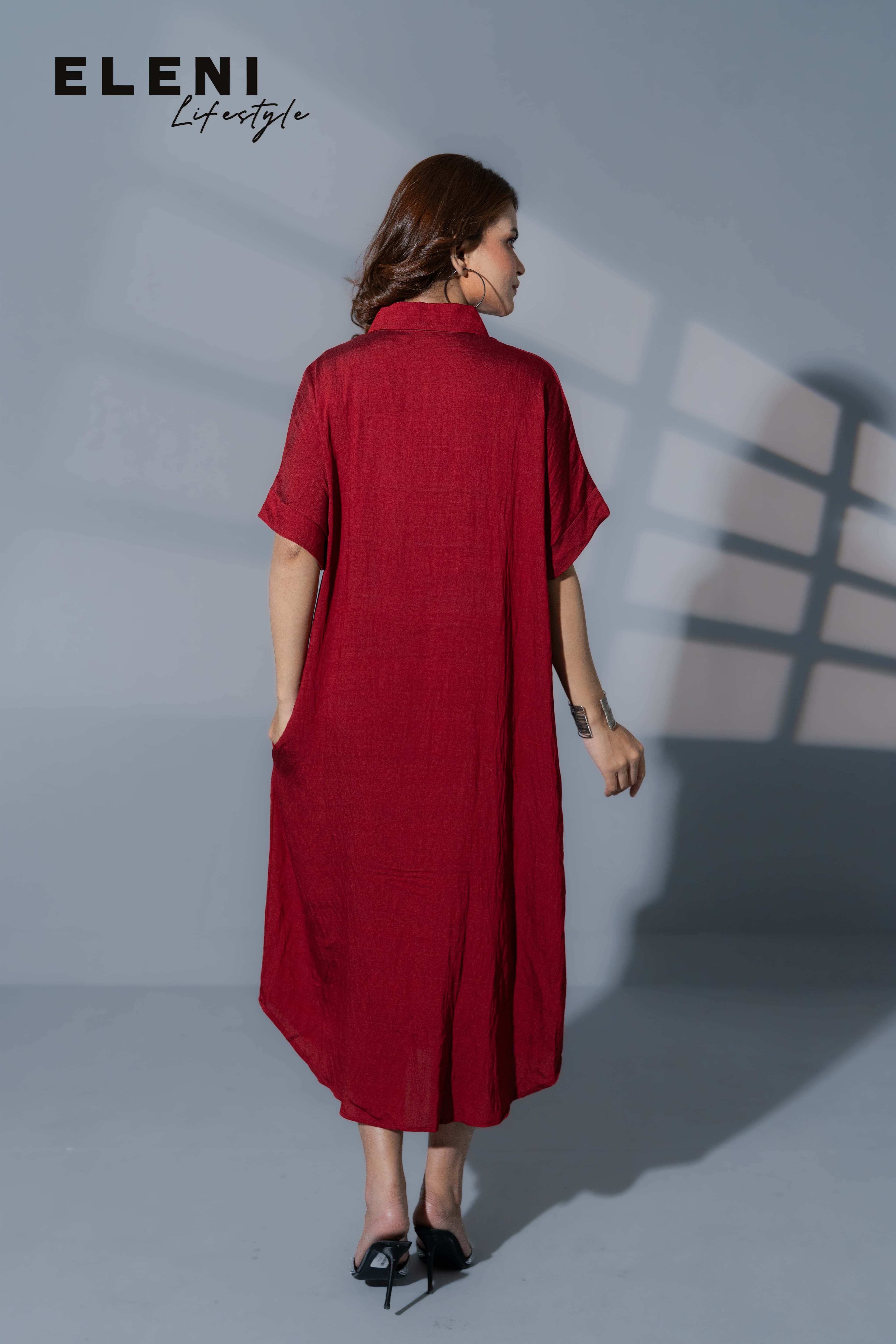 Crimson Burgundy Midi Shirt Dress
