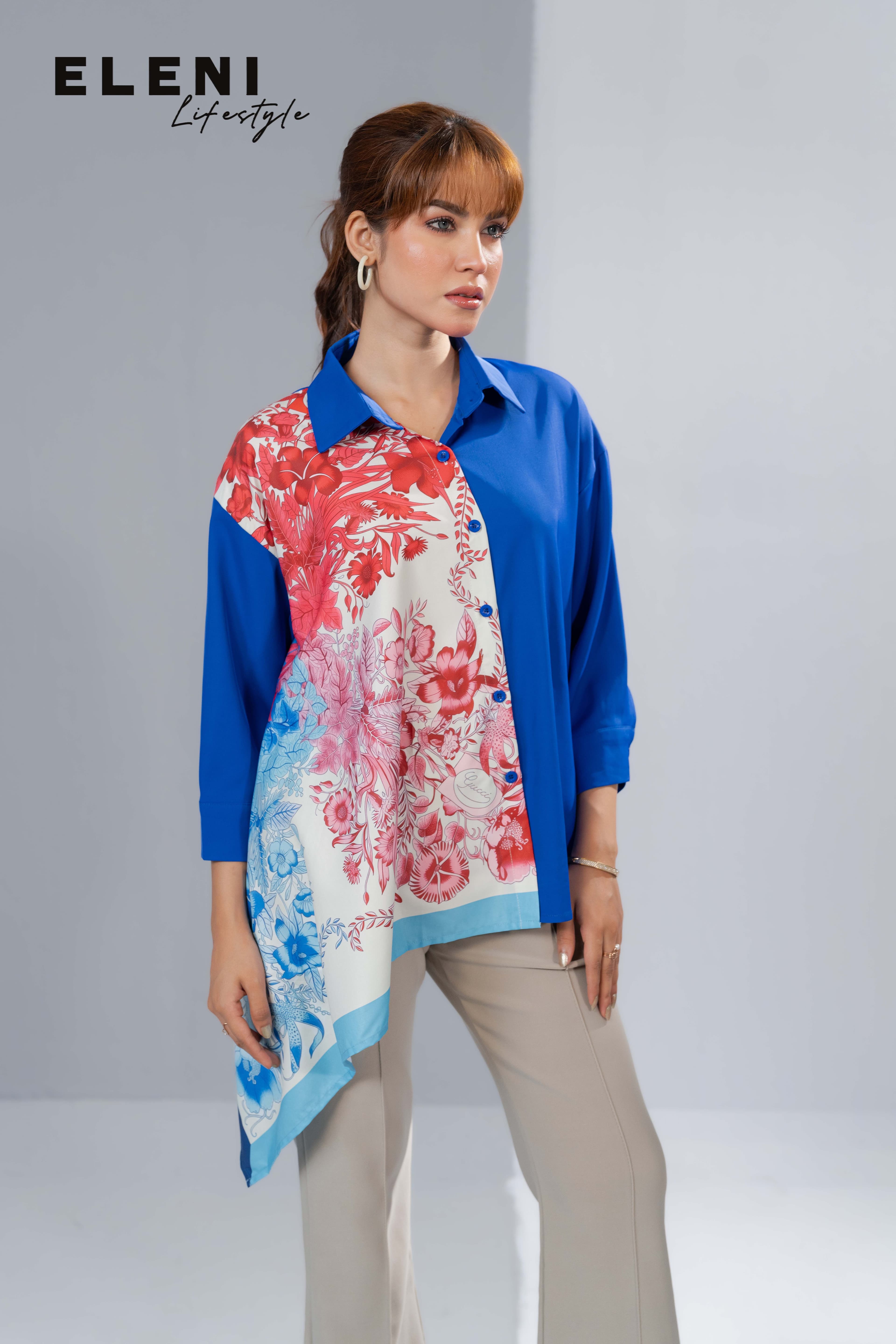Asymmetrical Floral Silk- Scarf Shirt