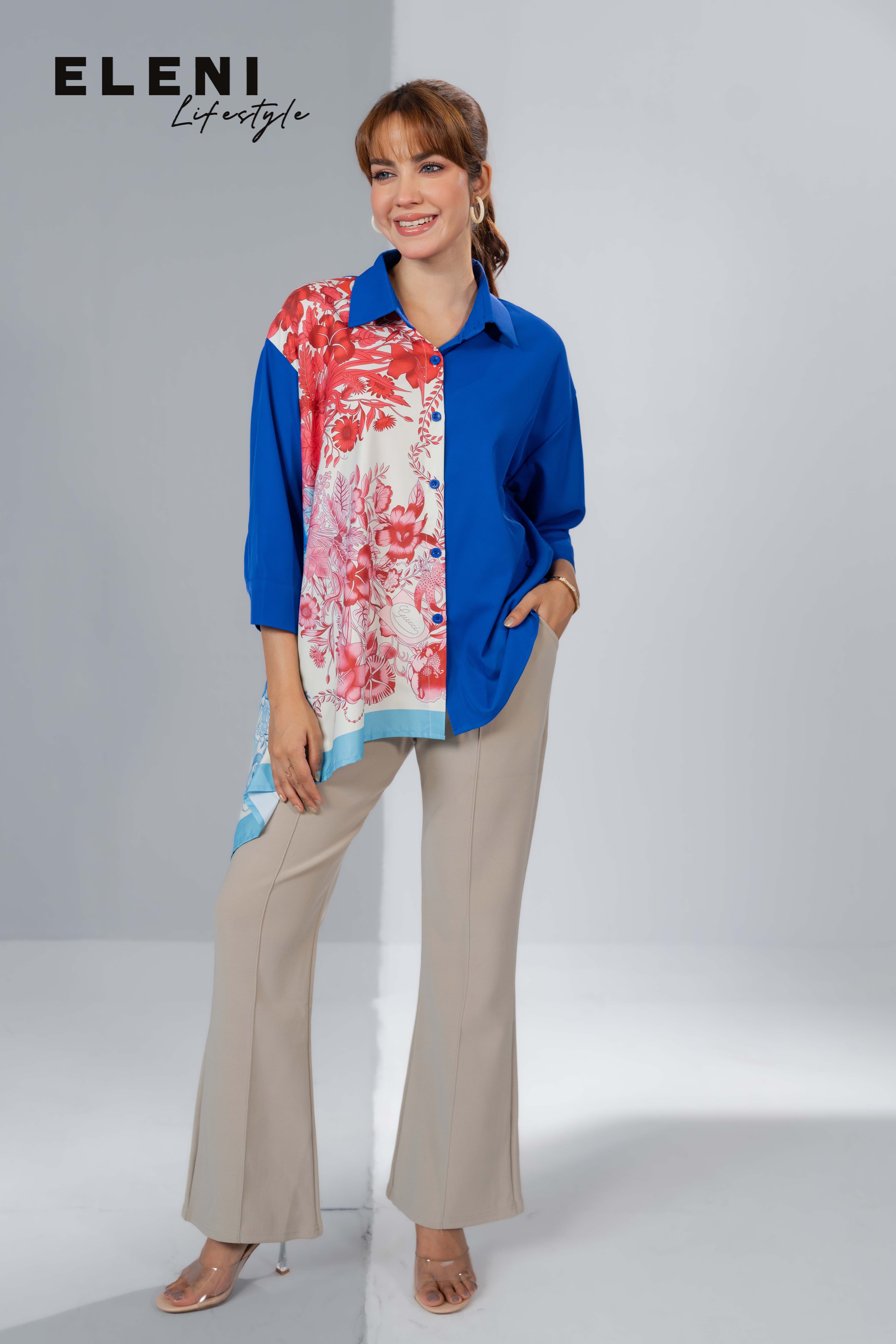 Asymmetrical Floral Silk- Scarf Shirt