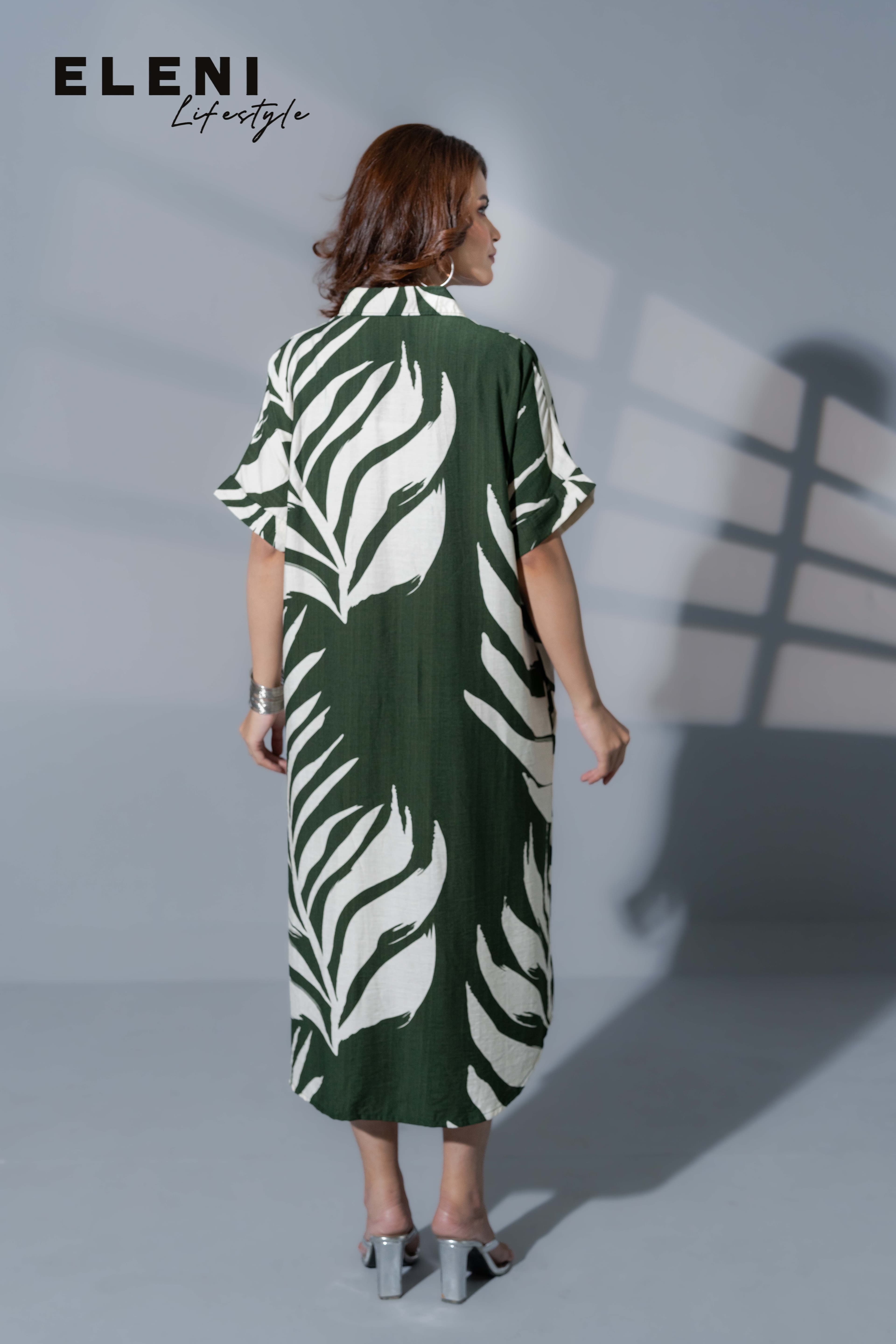Palm Printed Midi Shirt Dress