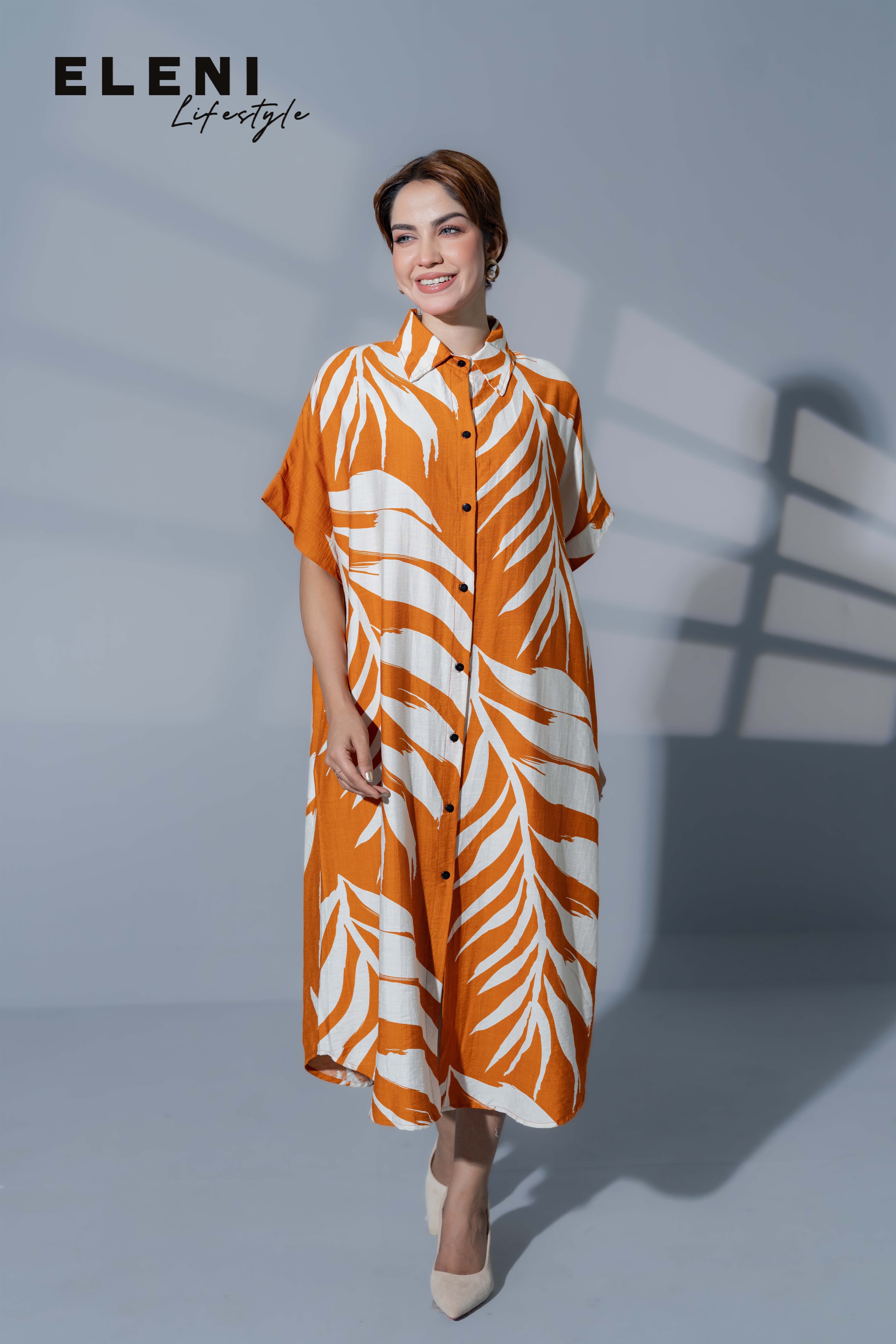 Palm Printed Midi Shirt Dress