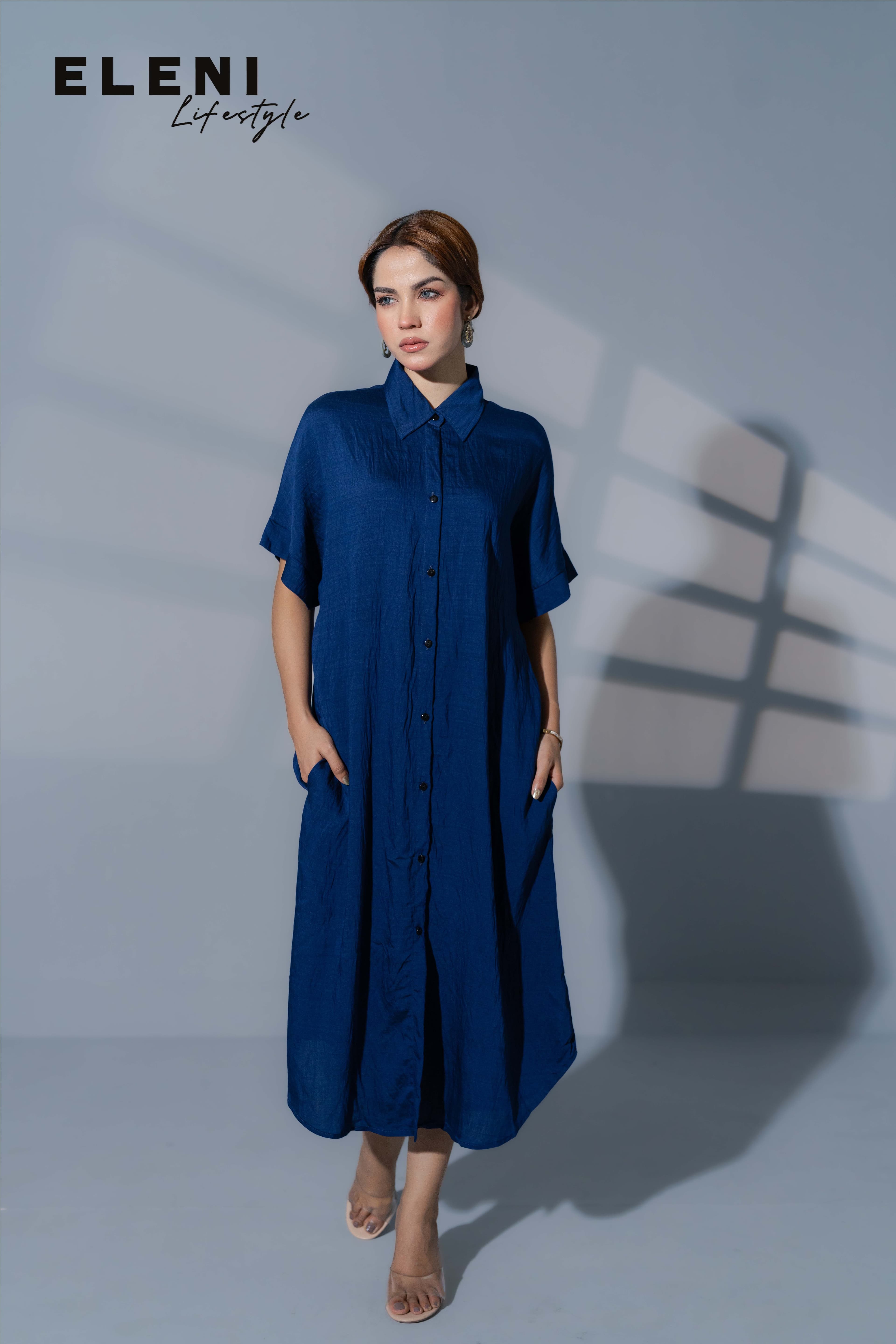 Solid Royal Blue Midi Shirt Dress