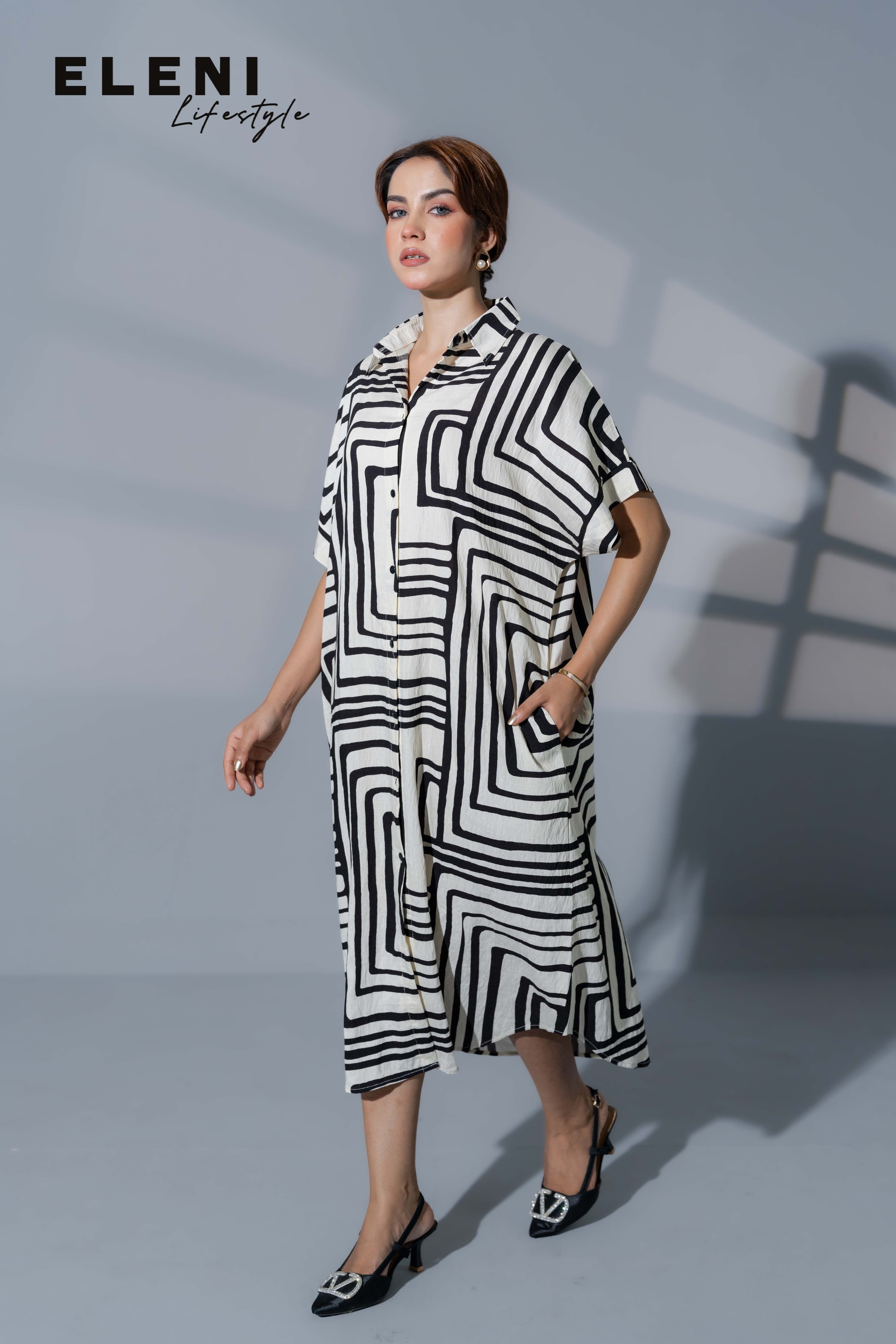 Monochrome Geometric Midi Shirt Dress