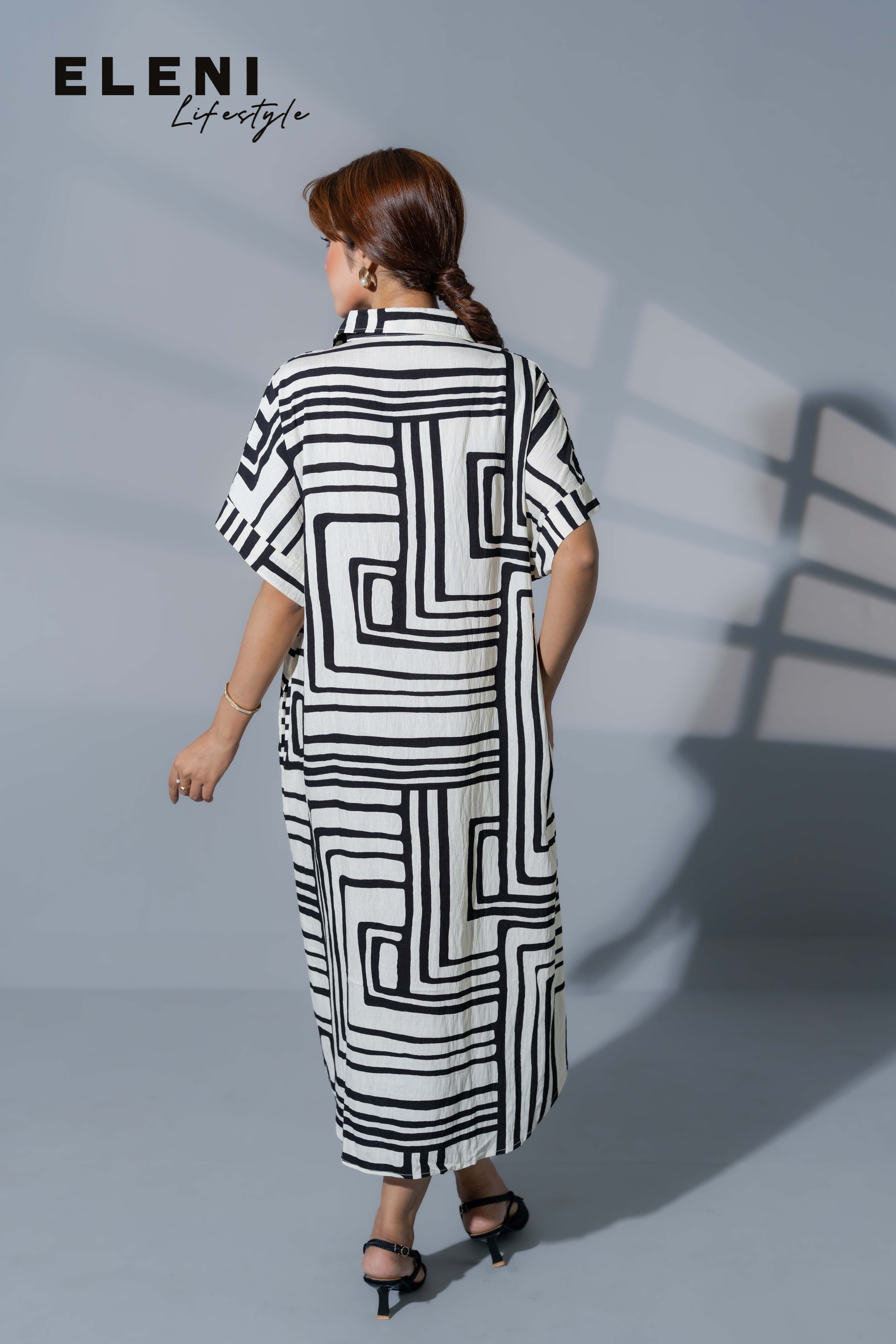 Monochrome Geometric Midi Shirt Dress