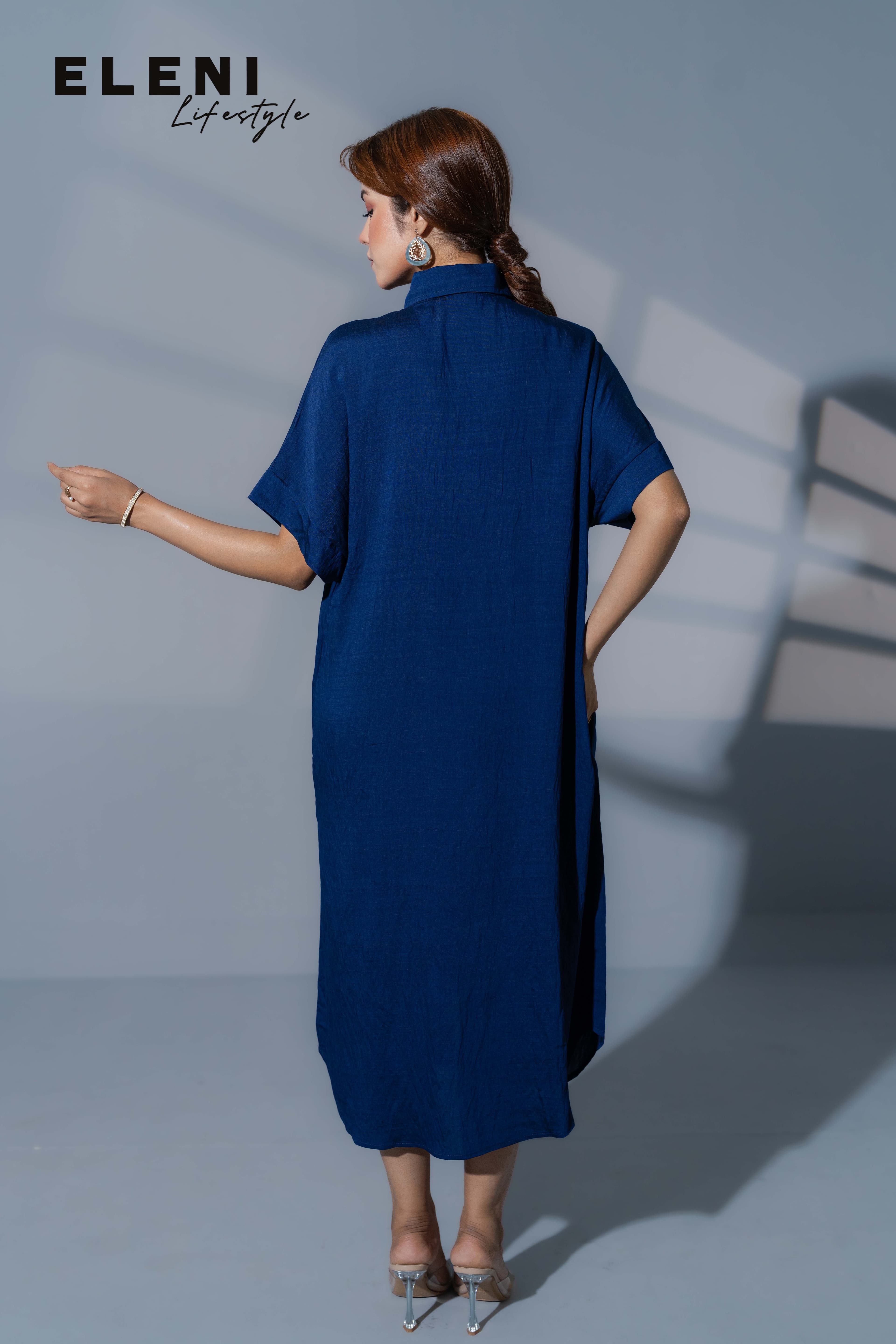 Solid Royal Blue Midi Shirt Dress
