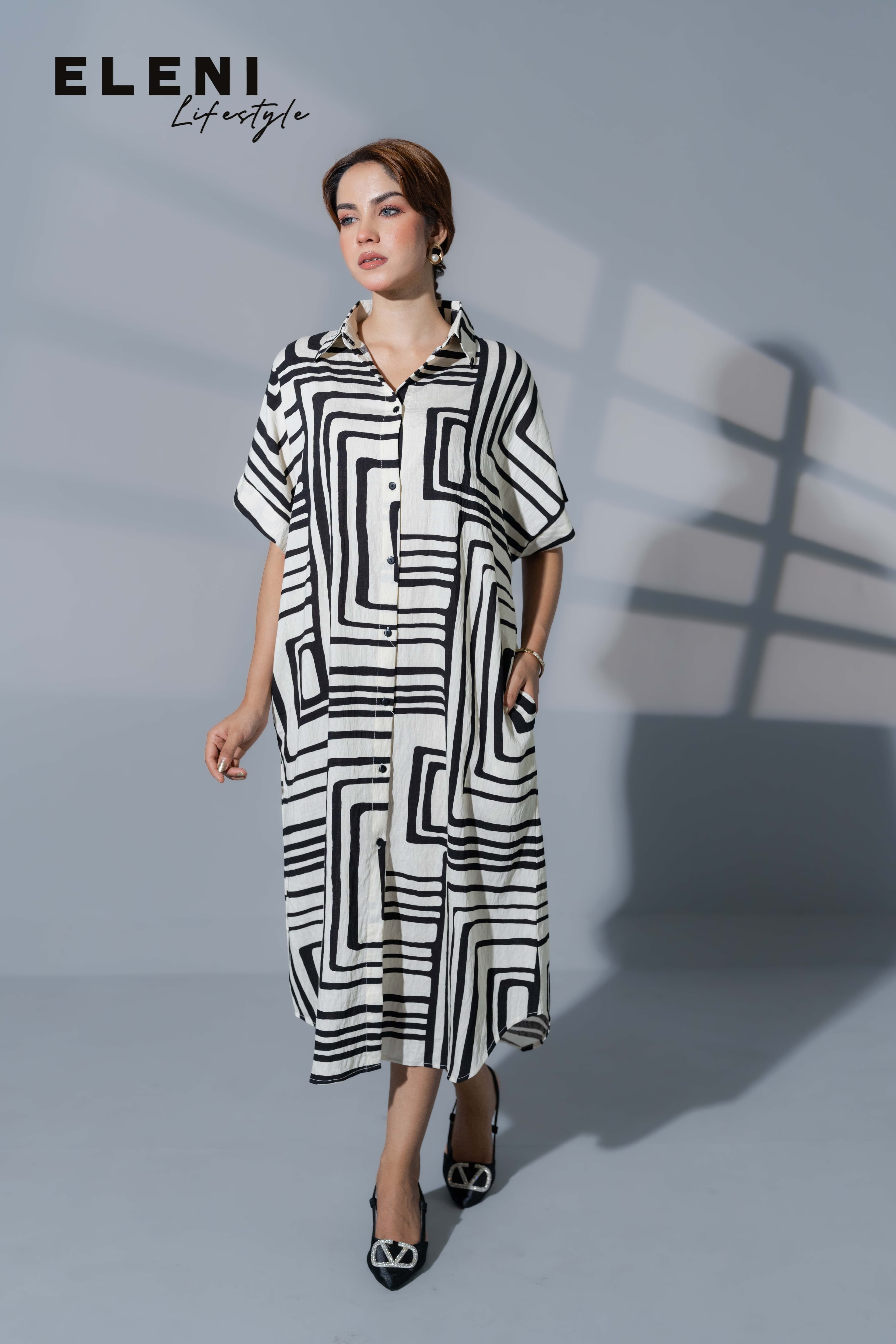 Monochrome Geometric Midi Shirt Dress