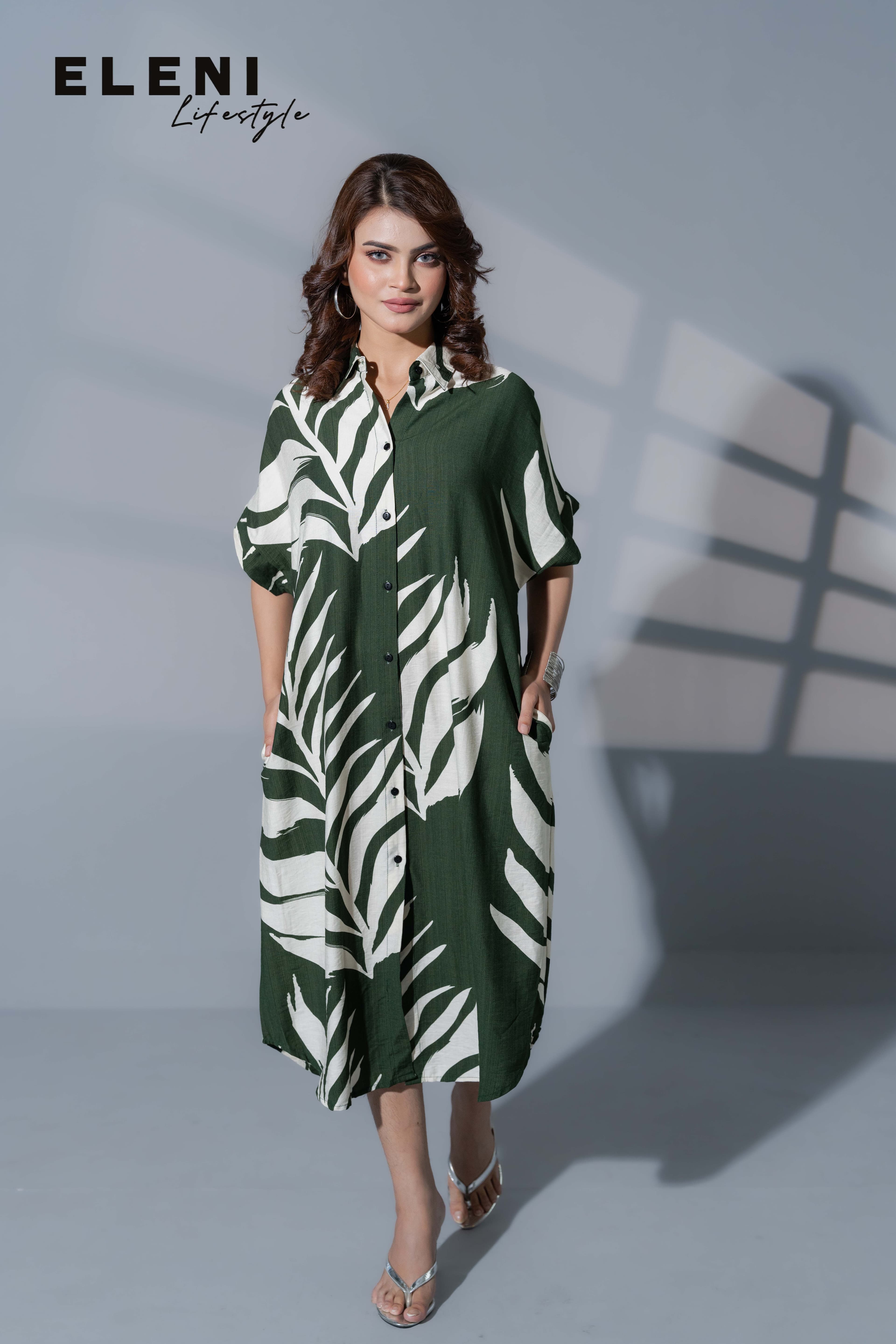 Palm Printed Midi Shirt Dress