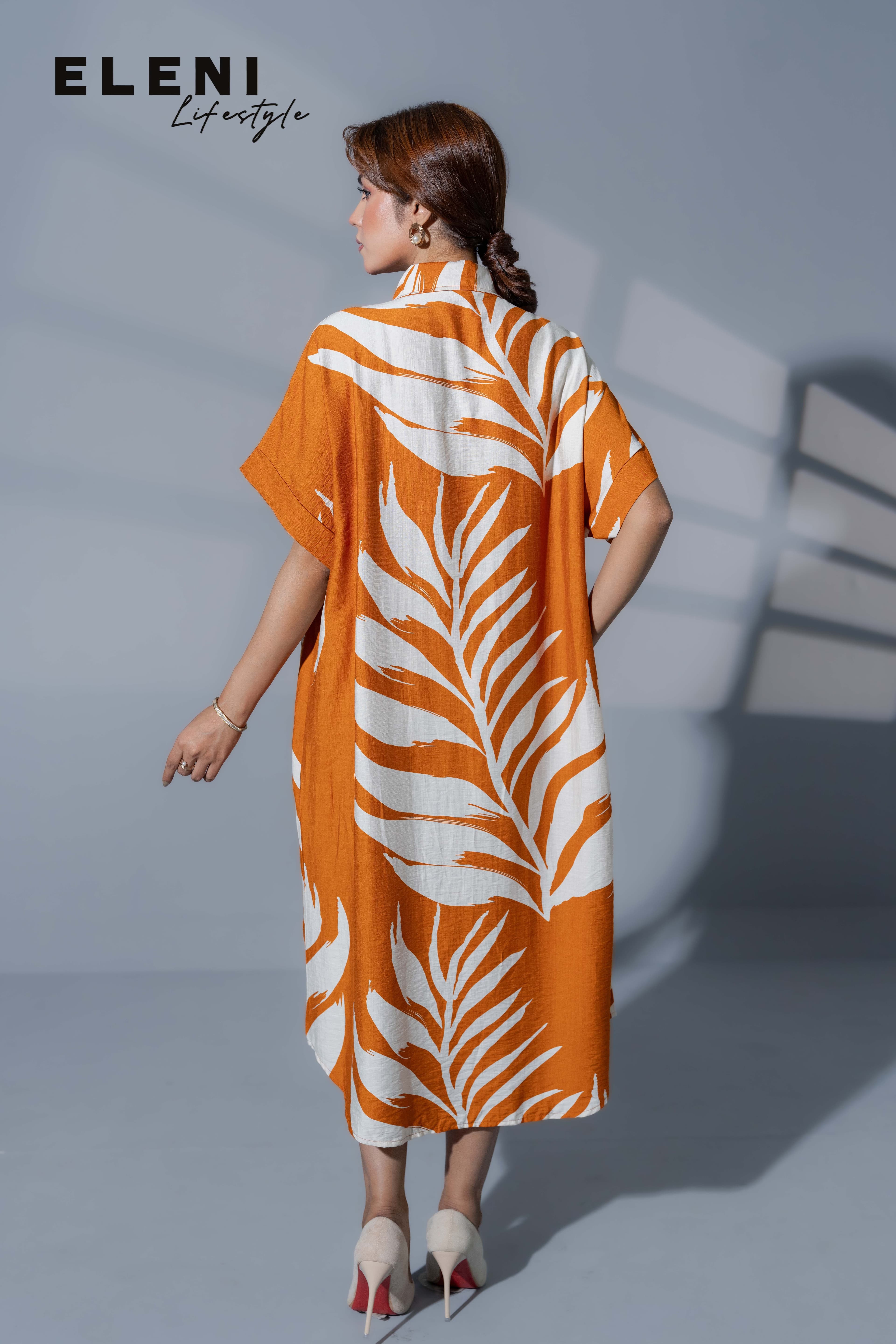 Palm Printed Midi Shirt Dress