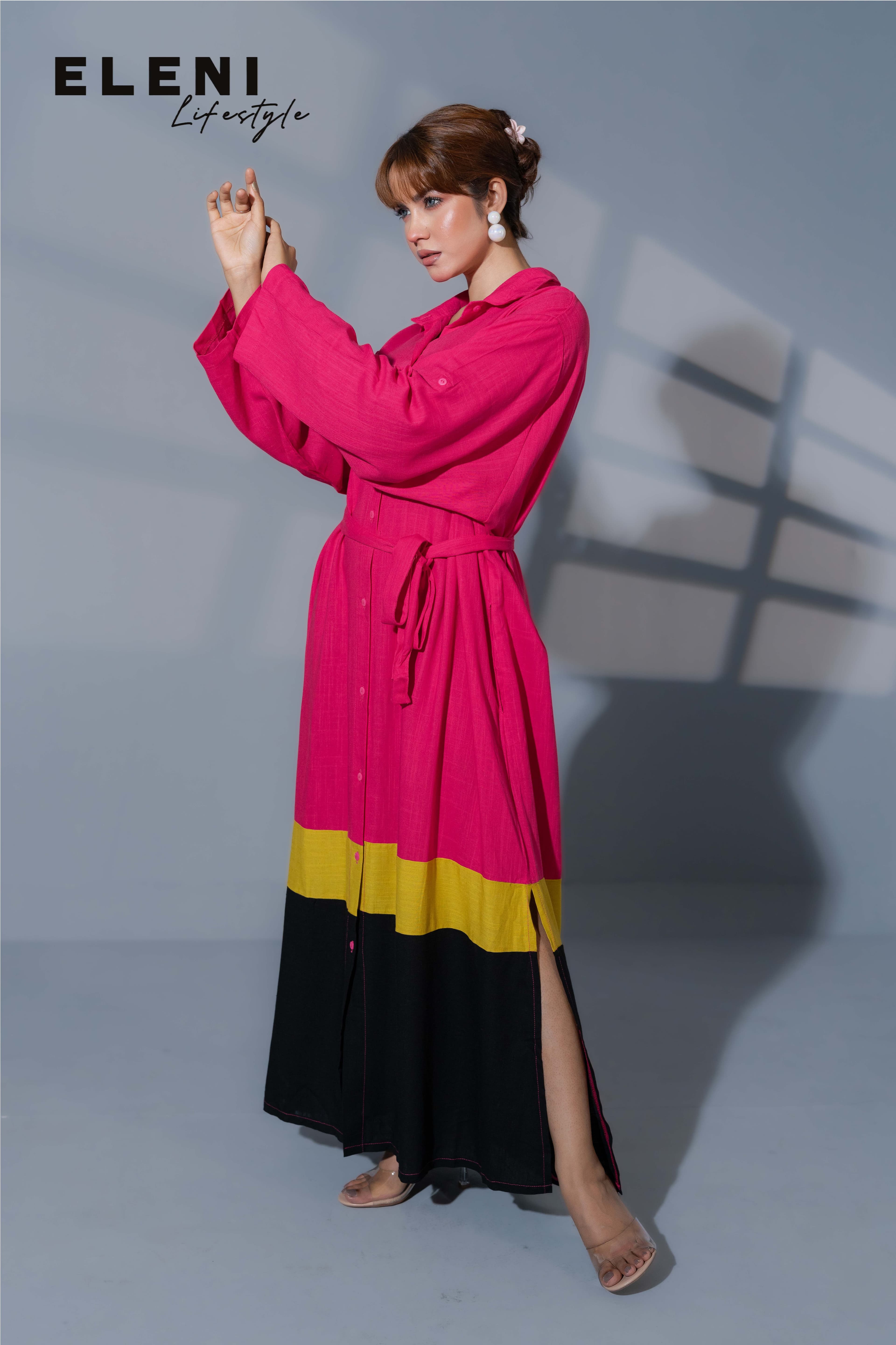 Vibrant Color-Blocked Midi Shirt Dress