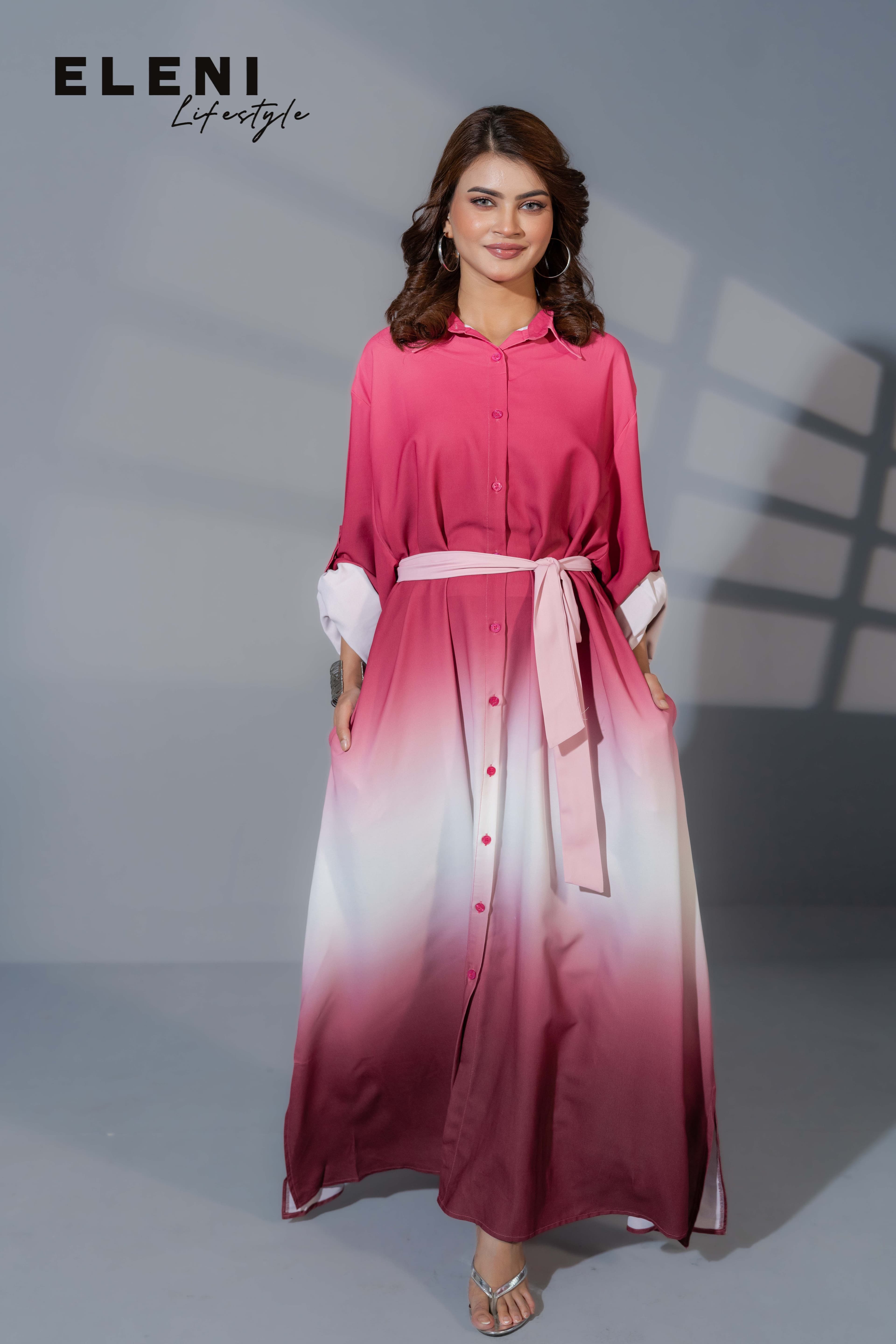 Berry Blush Ombre Midi Shirt Dress